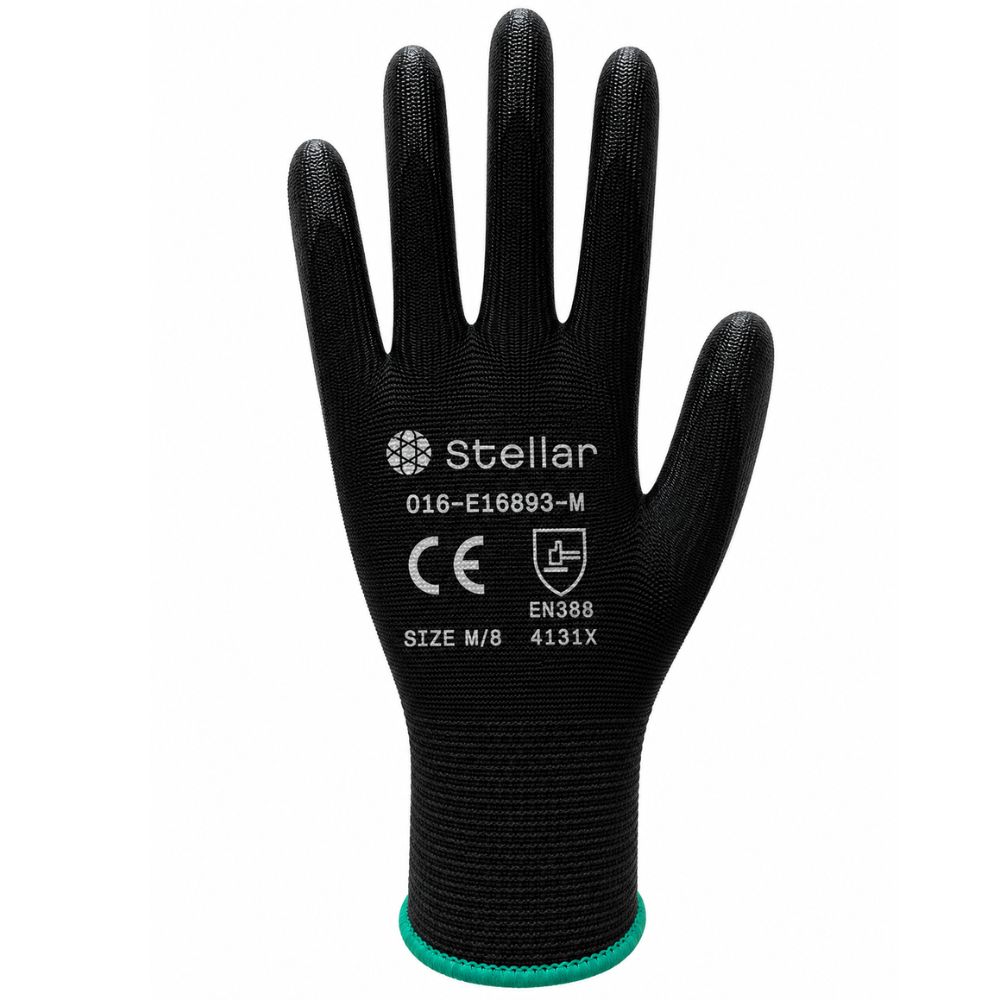 Stellar PU Coated Gloves, Polyester Liner- Black