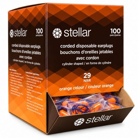 Stellar Cylindrical Foam Ear Plugs, corded, Orange- 100 Pr/ Box